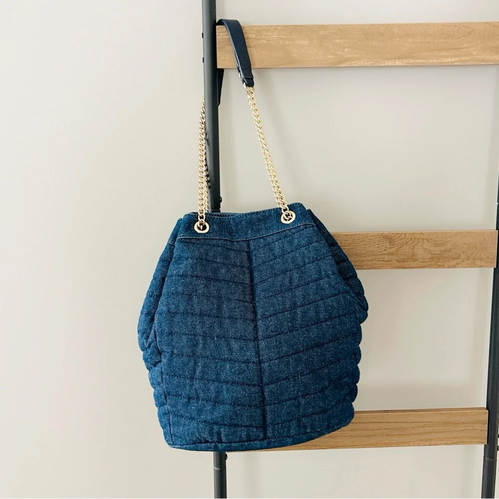 Quilted Navy Shoulder Bag with Gold Chain Strap